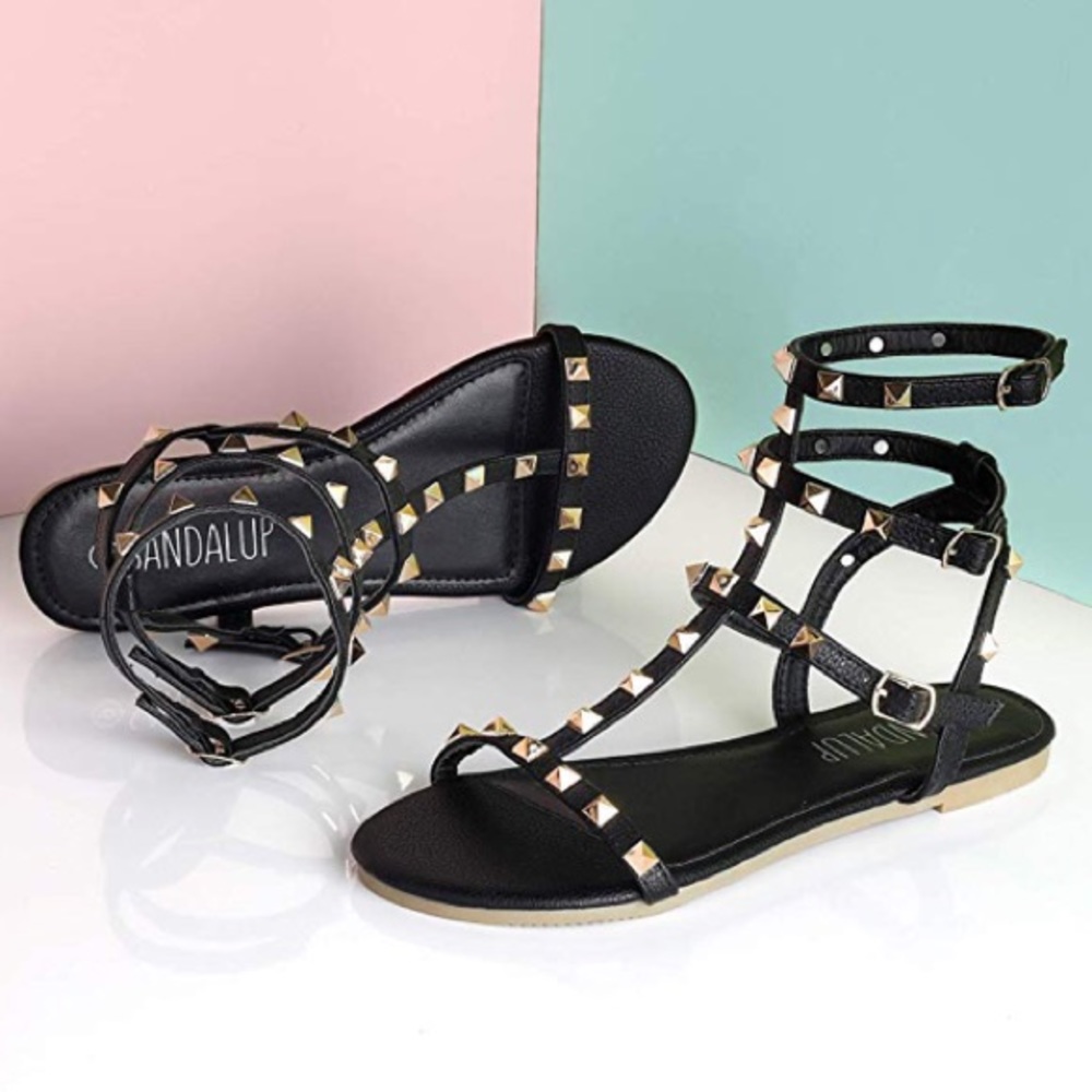 Rivets Studs Flat Sandal w Double Metal Buckle - Picture 2 of 6